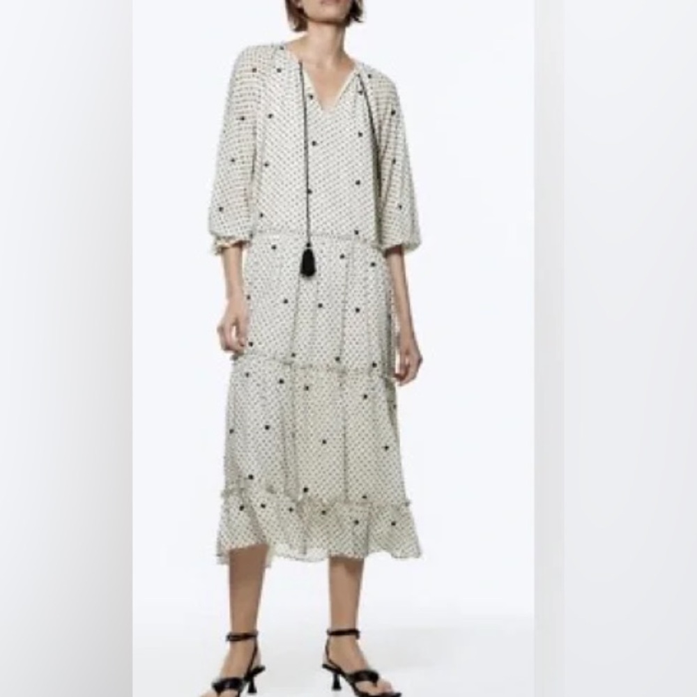 EUC - Zara Embroidered Dotted Midi Dress with Tassels